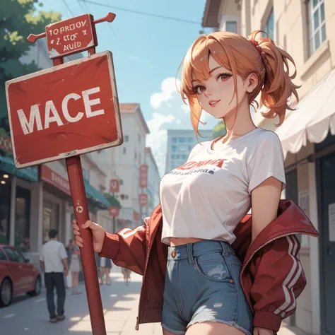 Anime girl with a red sign that says: Not available!