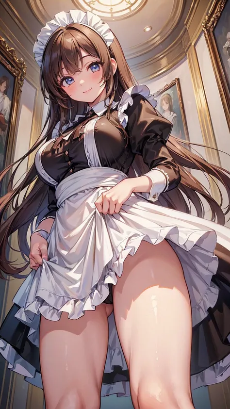 ((masterpiece,best quality,ultra-delicate,Perfect Face,detailed eyes,16k,high resolution,very beautiful girl)),((Best Anime)),sharpnes,clear,The Art of Phenomenal Depictions,brown long hair,(1 girl),large breasts,(Maid costume,smile:1.4),cowboy shot,up ski...