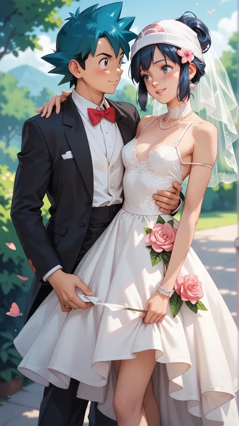 1boy, Ash Ketchum from pokemon, tuxedo.
1girl, Dawn from Pokemon, petite, fit, outdoor wedding,