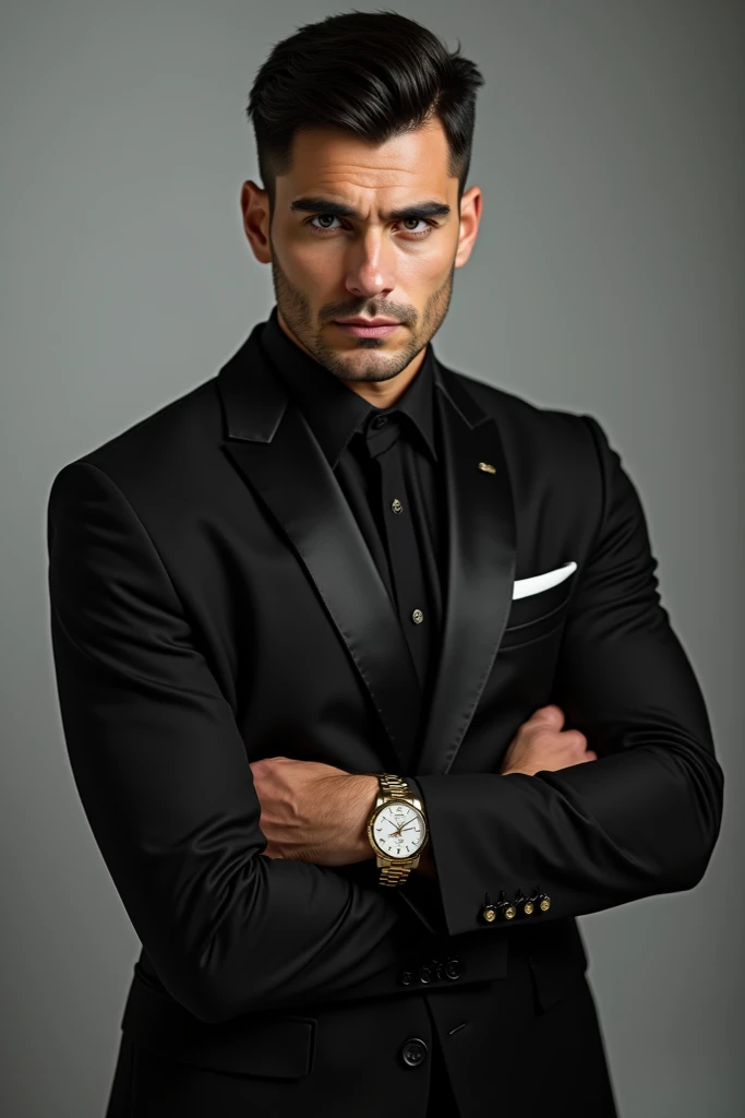  Mens test White gray eyes with gym body 1:90 Black hair black suit with a Rolex gold cufflinks  