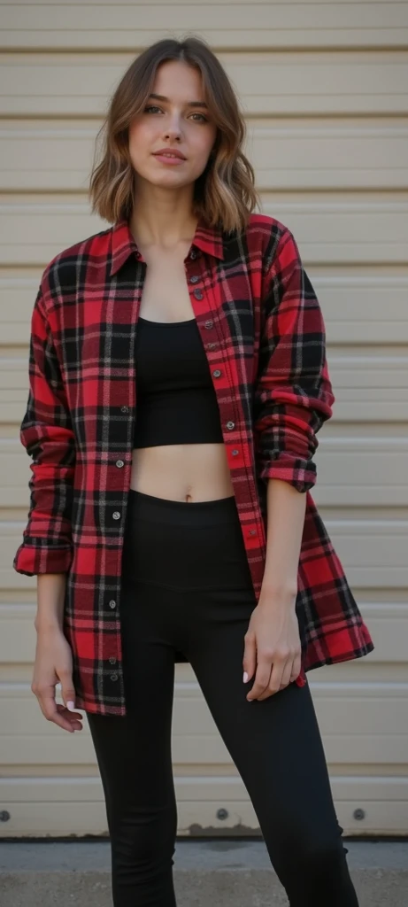 Full-length portrait of a young woman, 28 years old.

She has fair skin with shoulder-length light brown hair. She is wearing a red and black plaid button-down shirt, open over a black tank top. She is also wearing black leggings. Her fingernails are light...