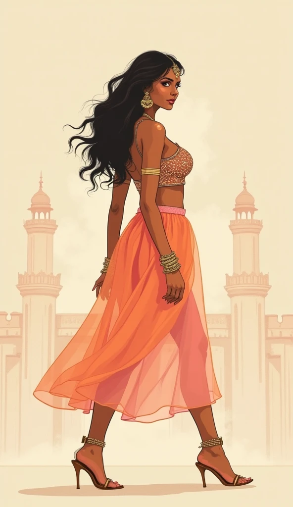 minimalist vintage illustration, side view, full body portrait of a gorgeous voluptuous big busted indian woman walking, from indian subcontinent, full lips, indian ornaments, long curly hair,  sheer light pink and orange transparent capri pants, indian pa...