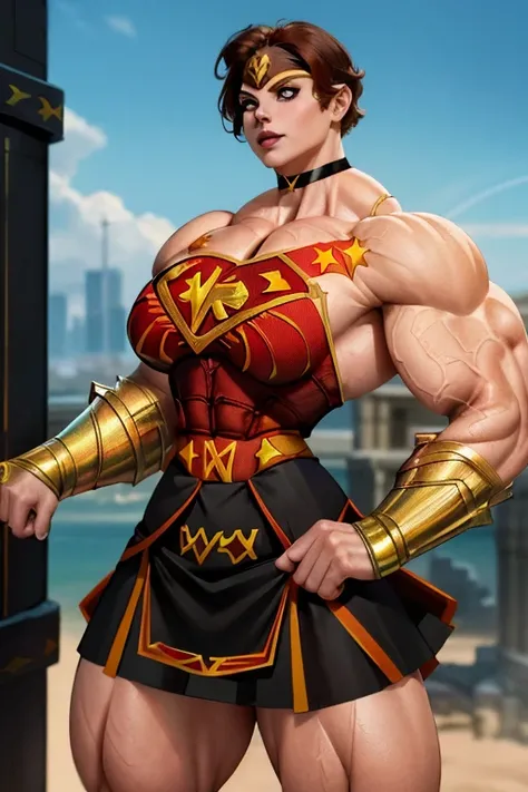 ((Close-up)), tall, (orange hair), beautiful muscular woman, long shaggy hair, white skinned, closed smile, large breast, (black lipstick), (massive muscles), (hyper muscle), ((ginormous bulky muscles)), green eyes, (((((wonder girl costume with skirt)))))...