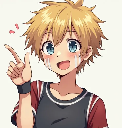  Do it in a male anime format , high of 1,90 with blond hair , short , thin face and blue eyes , With a friendly and smiling but masculine masculine expression  ,  with bands on the hands and bandage on the face ,  but with school clothes and athletic body...