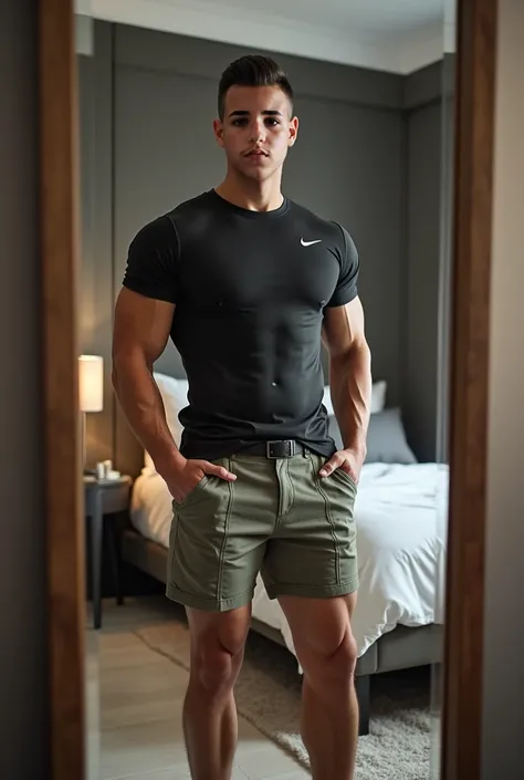 create an adult body, with the defined body of an army soldier, with slightly toned thighs, with black hair, he is taking a stylish photo in front of the mirror, inside his very well-groomed and stylish room, he is wearing a Nike shirt and beach shorts