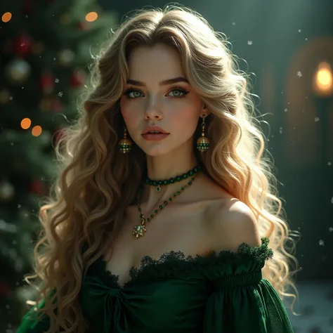 Create a Slytherin student looking like Christmas, dark blonde shade , with long hair down to the waist, curly, pale skin, dark but delicate makeup and green eyes.  Beautiful and elegant .
