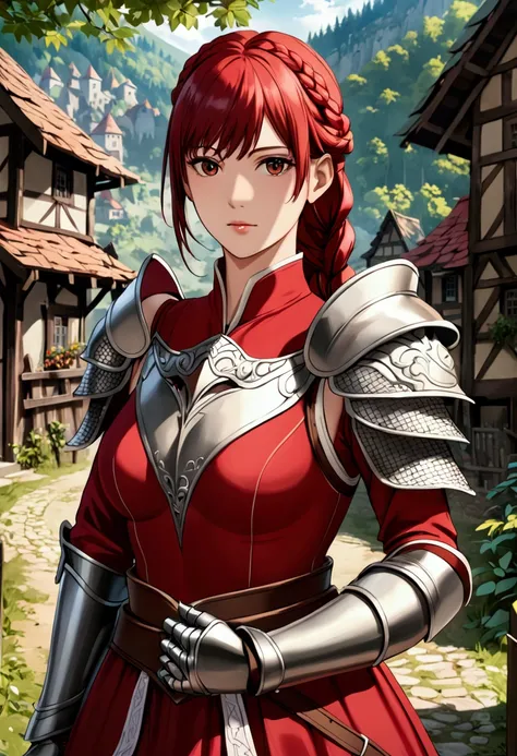 titania, braided ponytail, armor, red dress, belt, gauntlets, gloves, solo, solo, detailed face, looking at viewer, upper body, cowboy shot, village, forest, (masterpiece:1.2, best quality)