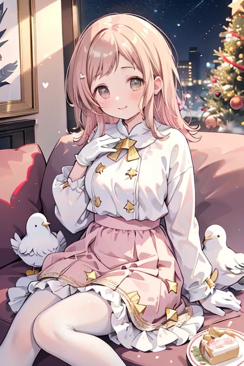 Sakuragi Mano, ((Mega Breasts)),　　(((Starry Sky))), Absolute territory,　　smile, 　(Midnight), Fluffy,　(Healing),　　 hair accessories ,　　　(((Gold trim))), (((gold star print))), ( white gloves : 1.5),　 Frills,　 ((a little white pigeon)), ((feathers)),　brooch,...