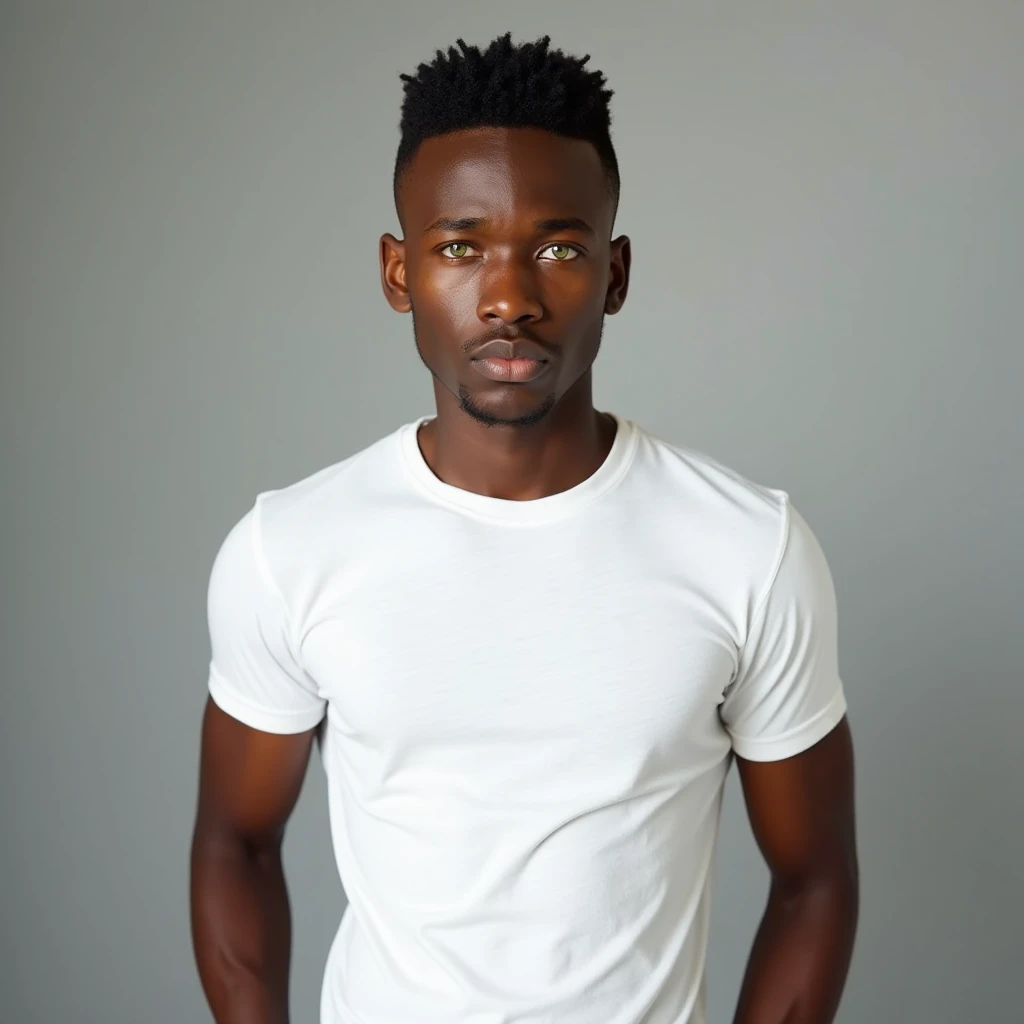 Young African man with serious and strong expression  ,  green eyes ,  short hair , wearing a white t-shirt , standing , pose with hands in pockets
