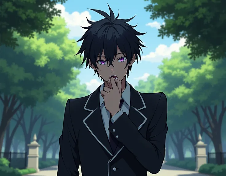 in anime style , make a man , violet-eyed ,  Messy black hair  , Wearing black school uniform , Biting my own hand against a backdrop of Central Park