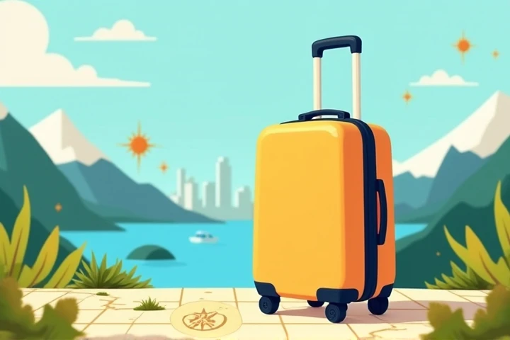  Create an image for the travel article card at minimal cost. Picture a ,  filled with everything you need ,  symbolizing the lightness and sensible approach to packaging .  The background may include stylized elements of nature — mountains ,  sea or city ...