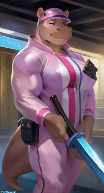     alone   ,​ feMale tall   , อยู่บนถนน Holding a Ninja Sword​ police , hippo ,     Pink military spacesuit, Overload  ,    Binding muscles  , quiet , by chunie    