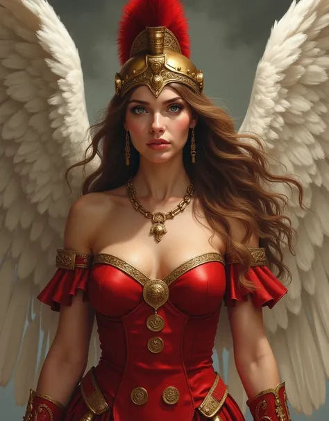  woman in angel pose,  A Divine Woman with Brown Hair and Gray Eyes ,  Nobility oozes from Her Face .  She wears red armor and a Greek helmet,  Sleep on Your Back 、Classic painting of the goddess Athena hugging a 、Barefoot.  Her Barefoot Appears in Angel P...