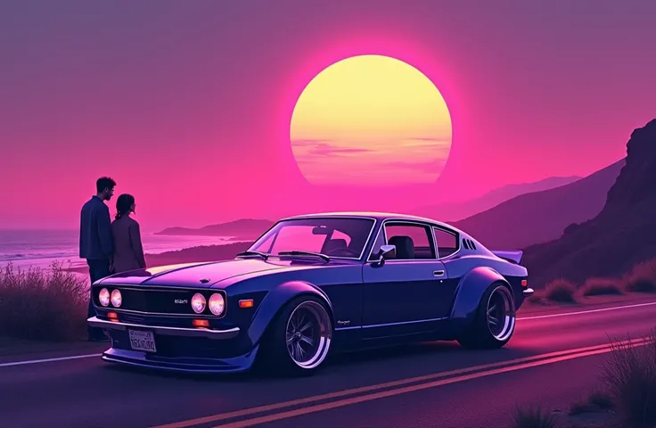 retrowave. City, 1969 Nissan S30, wide body kit, Road, PURPLE NEON MONITOR LIGHT, Sun, Mountain, the sea
(Masterpiece, Detailed, A high resolution), screen resolution 1366 x 768
Glossy image along with a couple standing together 