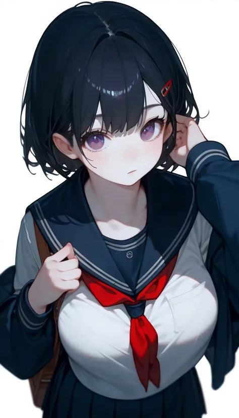 score_9, score_8_up, score_7_up, score_6_up, score_5_up, score_4_up, source_anime, ((anime)), white skin, (((1 anime girl))), (((school uniform))), black hair, (((white background))), tall woman, round body, plump, dark purple eyes, pov, nsfw
