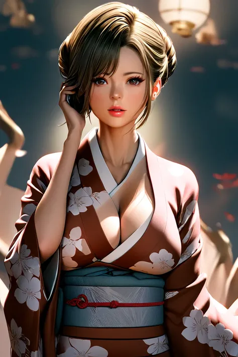 (1girl, elegant woman, statuesque body, adorable face, brown hair:1.2), (best quality, highres, anime style, digital drawing mode, realistic:1.1), piercing brown eyes, glowing radiant skin, breasts, wearing japanese traditional kimono, hairdo, dynamic comp...