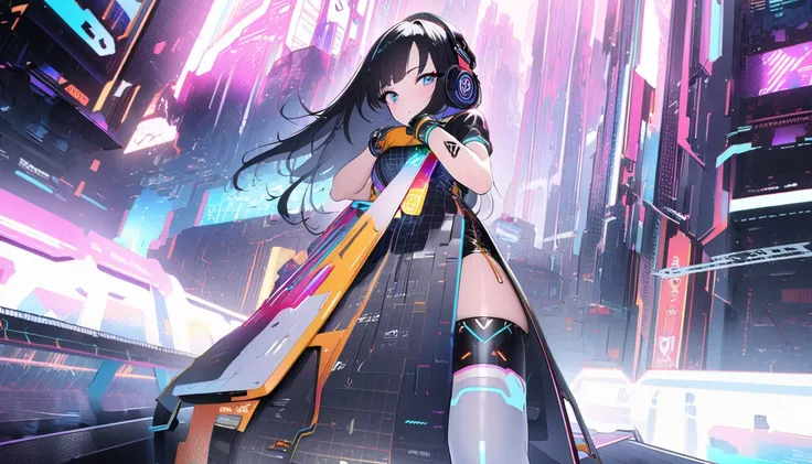  Masterpiece  ,  top quality, 16k,  absurd, ( very detailed fine touch:1.3),  Neon Future City , Grid Girls, Short sleeve,  headphones ,  long hair,  short bang, whole body