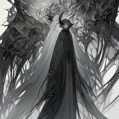 Monster creature,  she is tall and thin she has a black-green exoskeleton like a gray face and gray horns almost white ,  part of the face to the horn recalls the details of a mask , He has a long black cape ,  he is tall thin and elegant ,  he is an insec...