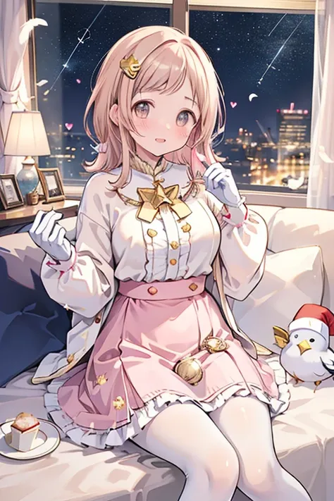 Sakuragi Mano, ((Mega Breasts)),　　(((Starry Sky))), Absolute territory,　　smile, 　(Midnight), Fluffy,　(Healing),　　 hair accessories ,　　　(((Gold trim))), (((gold star print))), ( white gloves : 1.5),　 Frills,　 ((a little white pigeon)), ((feathers)),　brooch,...