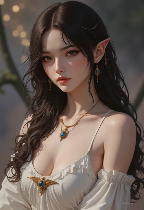 Atmospheric perspective, 8K, Very detailed, Accurate, Highest quality, masterpiece,Very detailedな,Sharp focus,High resolution、Waist shot of a female elf, Complex, Narrow Face, elegant, Wearing a sapphire necklace, White lightweight dress with straps, To th...
