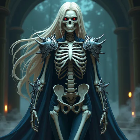 Create a skeleton woman ,  who looks epic and scary in anime style, But make her look more human and with armor