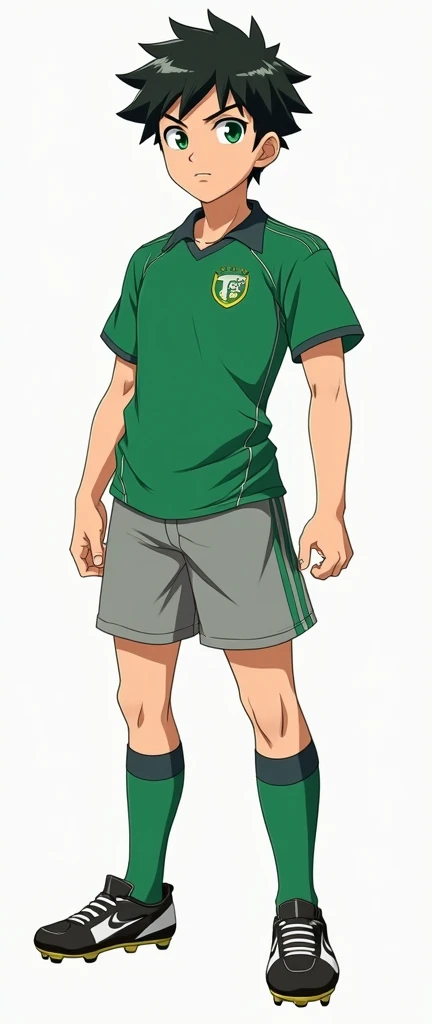 create a male character in the style of the Inazuma Eleven games with short curly black hair and green eyes. he has to wear a green and grey soccer uniform. Make sure to make the picture similar to an Inazuma Eleven Anime character