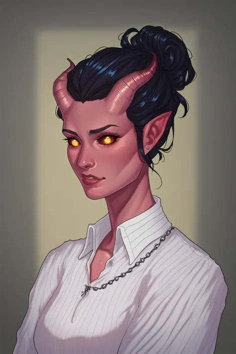 ((( beautiful ,  high quality))), portrait, score_9, score_8_up, score_7_up, A tiefling, pointed ears, small horns, Black hair up to the neck  . There is a slight focus on the arm - a chain.  stained sclera,  1girl,  white shirt, fantasy background, blurre...