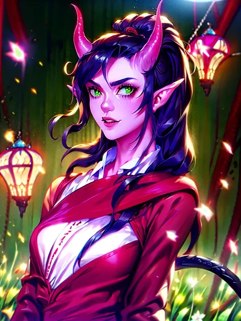  High resolution, masterpiece,  perfect lighting , blossom, cinematic lighting, adult,  woman ,  looks at the viewer, (RSEEmma:1.5),A tiefling,  horns, demon horns, oni horns, dragon horns,  tail,  pointy ears ,  side tousled hair,  black long hair, Pink I...