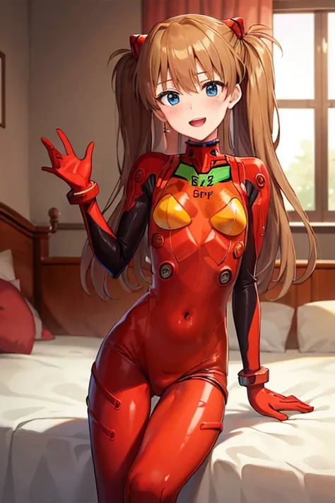 (( top quality)), ((masterpiece)), (be familiar with),  perfect face, indoor, bedroom,  viewer,
One woman,  Soryu Asuka Langley,
 open mouth,  ecstatic expression with hands in front of body, blush, smile,
 small tits,  flat chested, Young girl, Lori,  s, ...