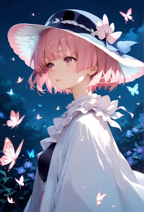  masterpiece,  High Definition , best quality,8k,Girl ，1girl in, Solo, 
(Saigyouji Yuyuko, butterfly, bug, hat, Pink hair, Triangular headpiece, Night, Pink eyes, Short hair, )