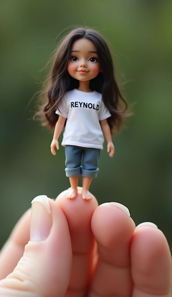 a petite Filipino young long hair semi chubby woman wearing a white t-shirt that says "REYNOLD", the size of a human finger, is shown very close up while standing on a
human finger. The human body and all the fingers that support it are in sharp, textured ...