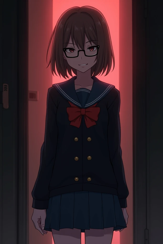 A full-body anime-style illustration of a young adult woman character with short brown hair, glasses, and a school uniform consisting of a black jacket with golden buttons, a red bow, and a blue skirt. The character has an eerie, scary aura. She is standin...