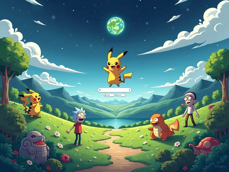 I want a background for a login on a Pokémon and Riki Morty website, only generate the image without the login with a little less noise