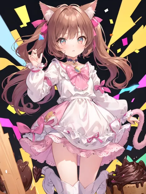 (  Masterpiece  :1.2), ( top quality:1.2),  perfect eyes,  perfect face,  Complete,  1 girl ,  Chocolate Theme ,  Chocolate Covered Cat Ears ,  Cat Tail with Ribbon , (( color palette : brown,  pink, white, yellow)), 3d, Adorable,  Cute Big Cat Eyes , oh, ...