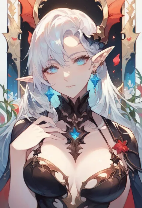 score_9, score_8_up, score_7_up,masterpiece, best quality, 1girl, adult, female focus, solo, silver hair, vibrant blue eyes, looking at viewer, closed mouth, Fantasy aesthetics, fantasy earring, Highly detailed, shadowverse style, elf ear, elf, demonic att...