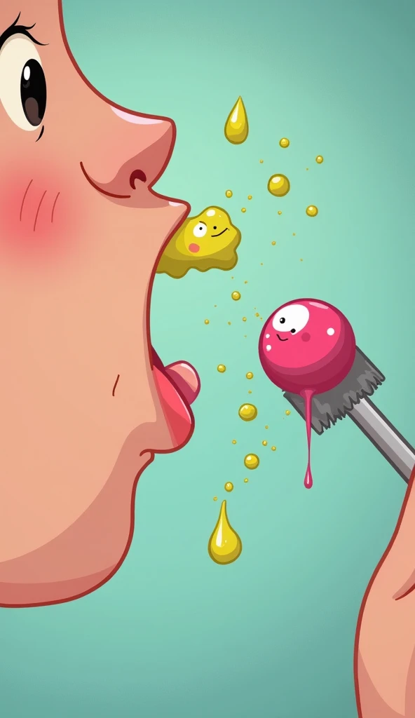  A cartoon-style animation shows a finger  "fishing" a shiny snot from a nose ,  with smiley faces in the bacteria that accompany it .  The mucus jumps into the mouth as if it were a happy animated character. High resolution, 