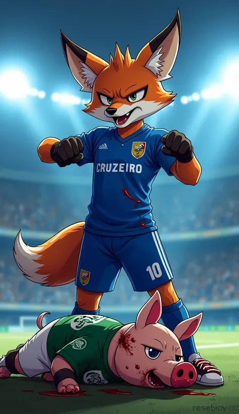 A highly detailed 2D anime-style illustration showing a victorious anthropomorphic fox, symbolizing the Cruzeiro mascot, wearing a tattered but striking blue outfit representing the Máfia Azul. The fox is standing triumphantly in the center of a soccer sta...