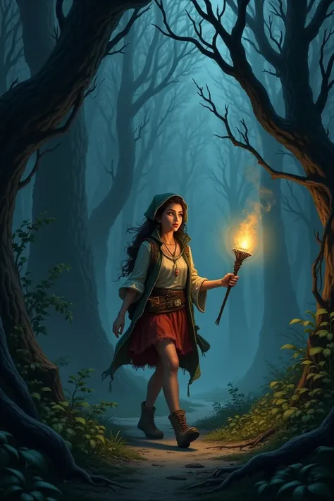 An adventurous young woman named Elyria walks through a dark forest, with a torch in his hand.