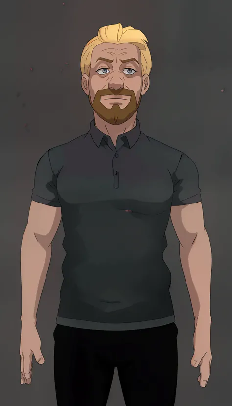 A 40-year-old adult male,  wearing a gray shirt ,  blonde hair , with beard (HENRY EMILY DE FNAF)