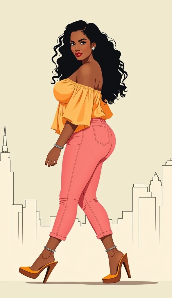 minimalist retro illustration, side view, full body portrait of a gorgeous voluptuous big busted latino woman walking,  full lips,  long curly hair,  sheer pink tigth capri jeans, skyline outline background, walking, brown eyes, silver anklet on left ankle...