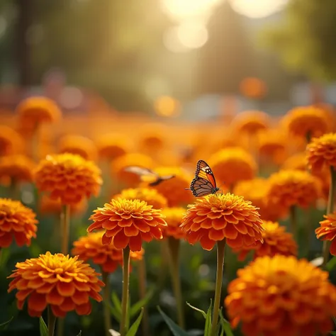 An extremely realistic and vibrant photograph in 4K UHD of a lush garden filled with an abundance of orange flowers in full bloom. The scene captures a variety of flower species, including marigolds, tulips, and zinnias, creating a rich palette of orange h...