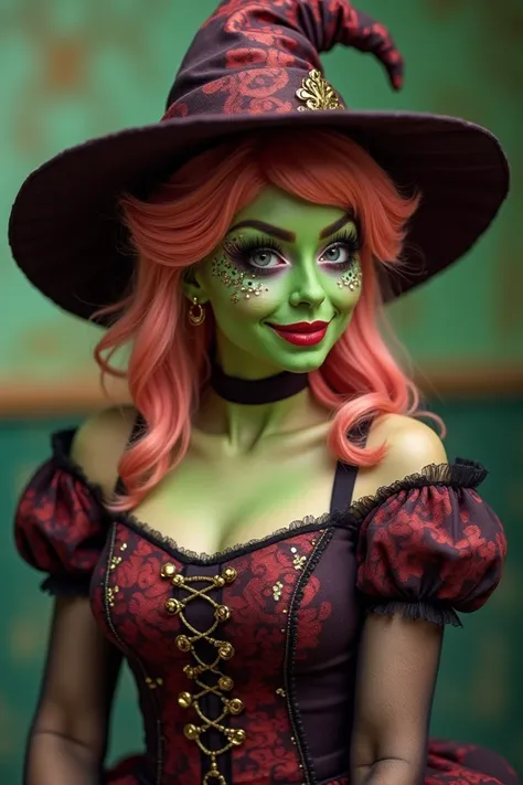 Flirty Princess Peach, dressing up in a witch costume with green face as make up