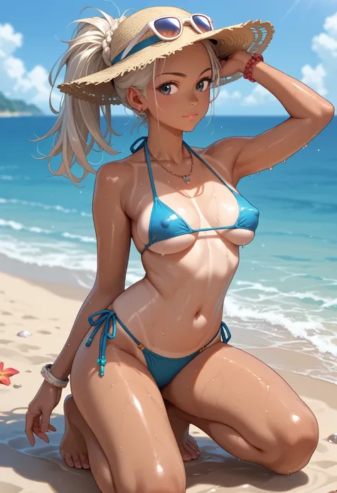 score_9, score_8_up, score_7_up, score_6_up, source_anime, solo, on knees, bikini, tan, wet, puffy nipple, teasing an ogler, beach