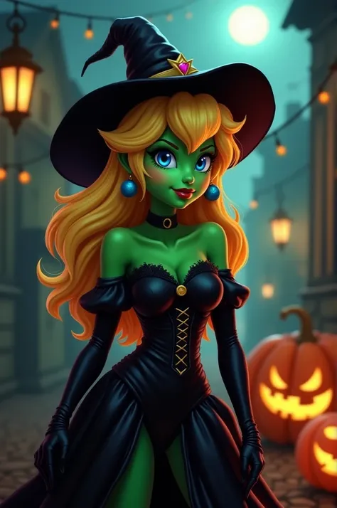 Flirty Green-Faced Princess Peach, dressing up in a black sexy witch costume. The background is a halloween night