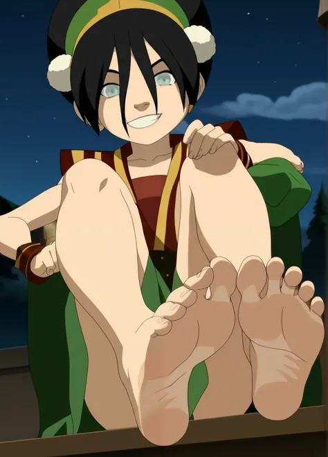 Score_9, score_8_up, source_anime, 1girl, Toph Beifong, alone, opaque gray eyes, dark hair, looking at viewer, night, in her bedroom, sitting on the bed, cowboy shot, ANIME SCREENCAP, anime coloring, barefoot, perfect feet, anatomically correct, soles, low...