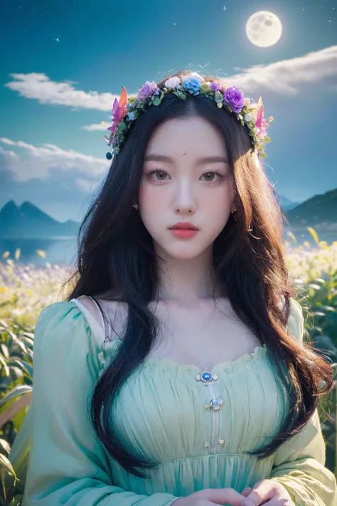 (, the high quality :1.4), ( of the best quality:1.4), ( masterpieces :1.4),  Official Art ,  Official Wallpaper, Surreal, Beautiful goddess, (1 woman:1.1), (Long wavy hair:1.1), (flower crown:1.1), ( Mysterious Creatures :1.1), ( Sky Island :1.1), ( Detai...