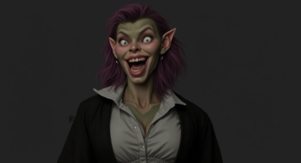 beautiful evil sexy goblin woman with big evil eyes, short cute purple hair, big breasts, cleavage, big perfect teeth, evil smirk, green skin tone, long pointy ears, big mouth, masterpiece, realistic