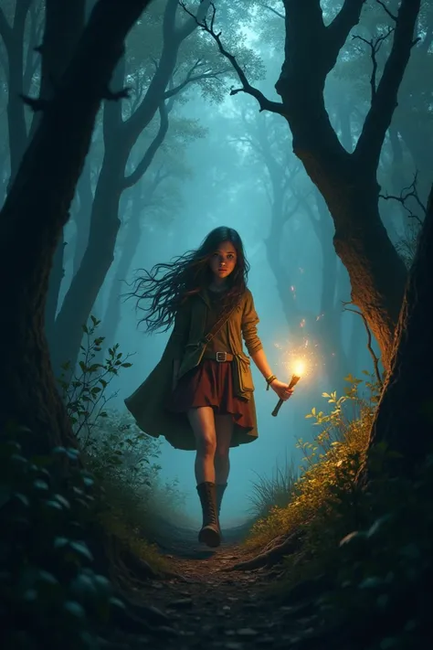 An adventurous young woman named Lyra walks through a dark forest, with a torch in his hand. 