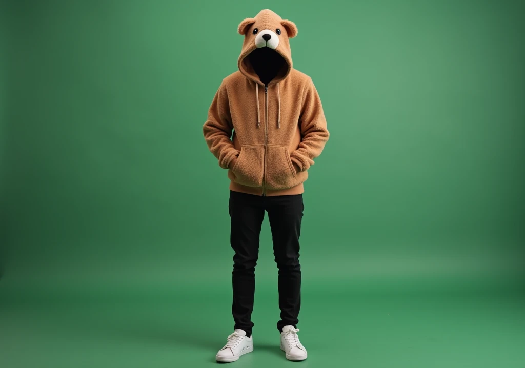  · The man is wearing a brown bear hoodie 。 This hoodie is made of fluffy fabric （Boa）in、 The hood part has cute character style bear ears and face。
 · Mans face is shaded 、 so you cant see anything （ completely dark ）。 emphasizes anonymity 。
 · Pants are ...