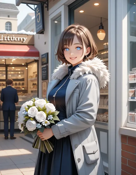 (In 8K, Best Quality, Master Piece: 1.2), Ultra High Resolution,1 girl,solo,15yo,ultra-detailed face,detailed eyes,opal eyes,short hair,brown hair,holding bouquet of winter flowers,Zipper, Winter flower bouquet, Formal fashion,gray fur scarf,zip-up coat,sk...